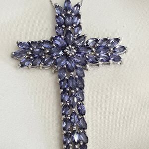 Catalina Iolite, Platinum Over Sterling Silver Cross Pendant w Chain 20in